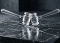 A conceptual illustration of a legal conflict featuring stylized glass gavels.