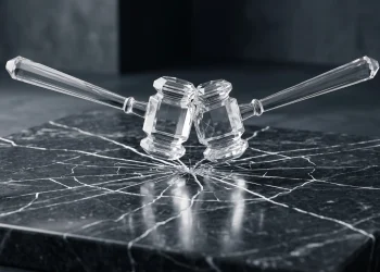 A conceptual illustration of a legal conflict featuring stylized glass gavels.
