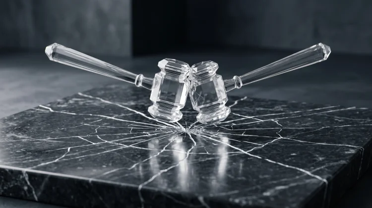 A conceptual illustration of a legal conflict featuring stylized glass gavels.