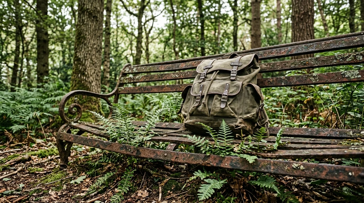 A worn survival backpack leaning against a rusted park bench in a forest setting.