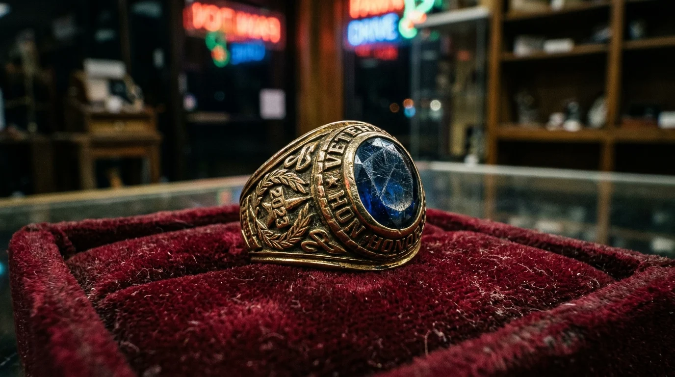 A military class ring on display in a pawn shop.