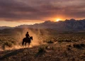 A silhouette of a cowboy on a horse against a sunset landscape.