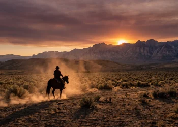 A silhouette of a cowboy on a horse against a sunset landscape.