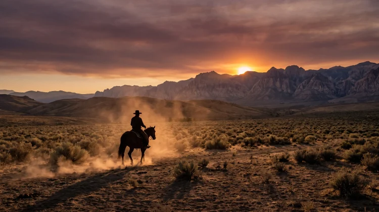 A silhouette of a cowboy on a horse against a sunset landscape.