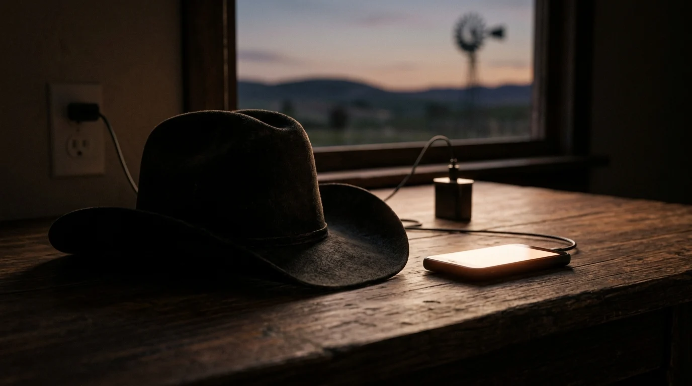 Silhouette of a cowboy hat and a digital charging cable.