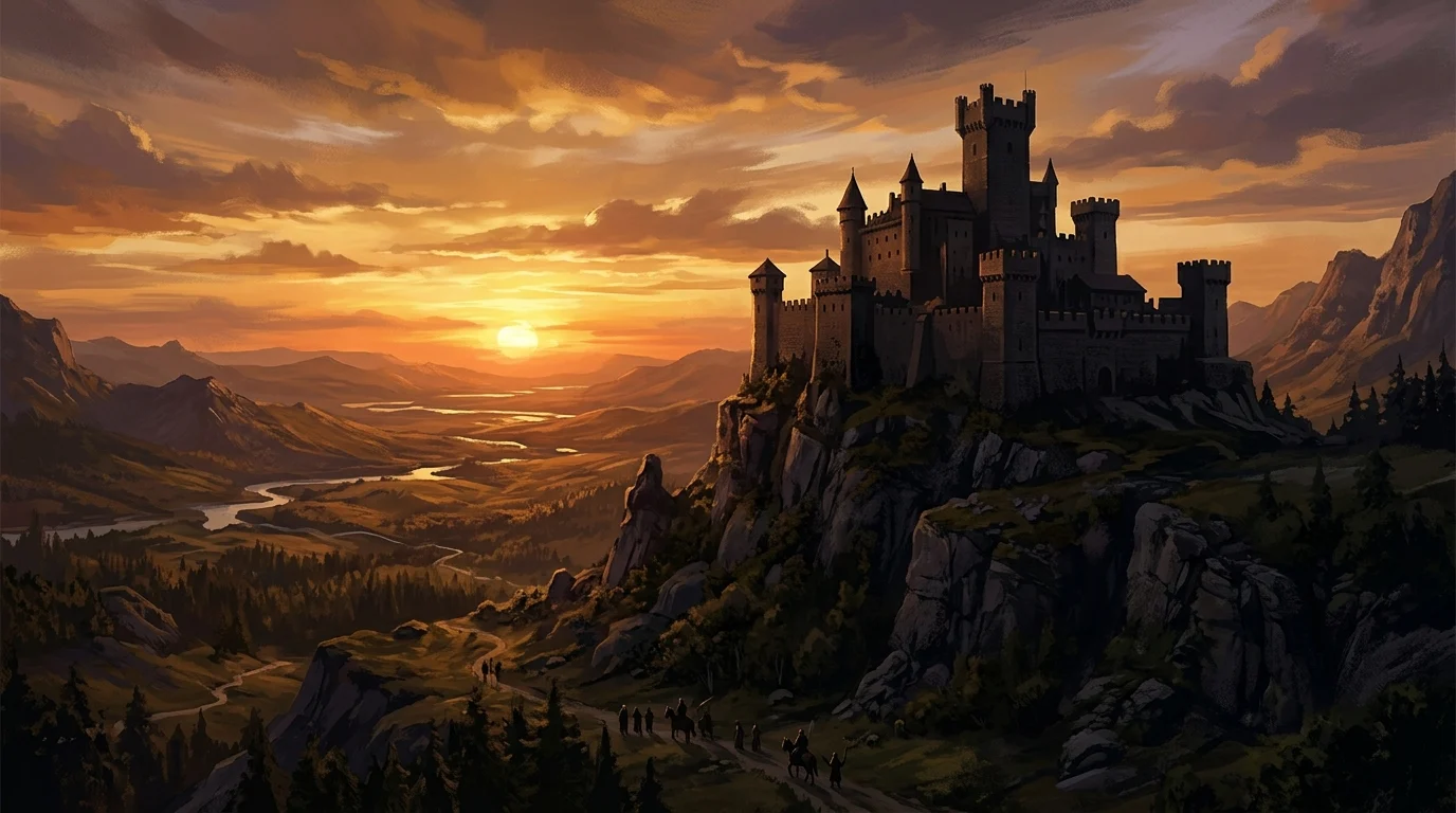 A conceptual landscape showing a distant medieval castle at sunset.