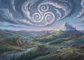 A conceptual landscape illustration in an animated art style featuring a distant fantasy city and clouds.