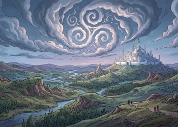 A conceptual landscape illustration in an animated art style featuring a distant fantasy city and clouds.