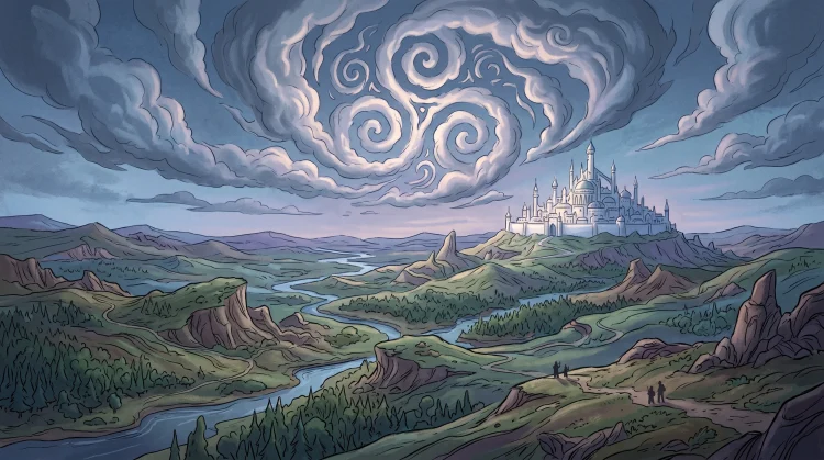 A conceptual landscape illustration in an animated art style featuring a distant fantasy city and clouds.