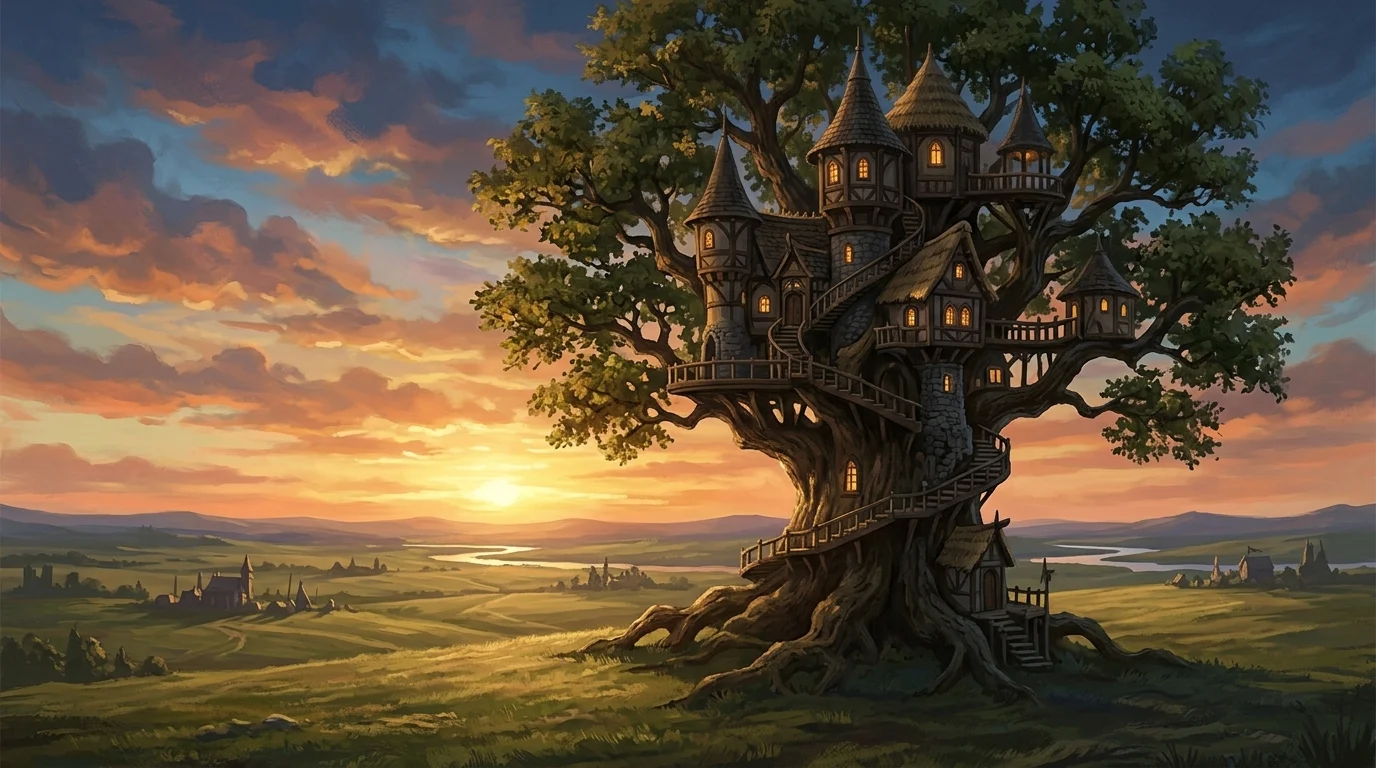 Conceptual artwork of a large fantasy treehouse in a grassy field.