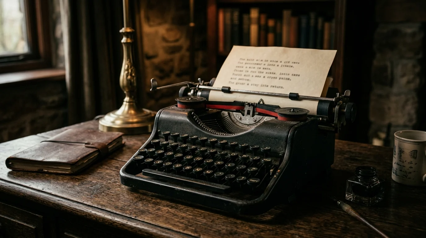 A typewriter on a desk with a cryptic poem visible on the paper.