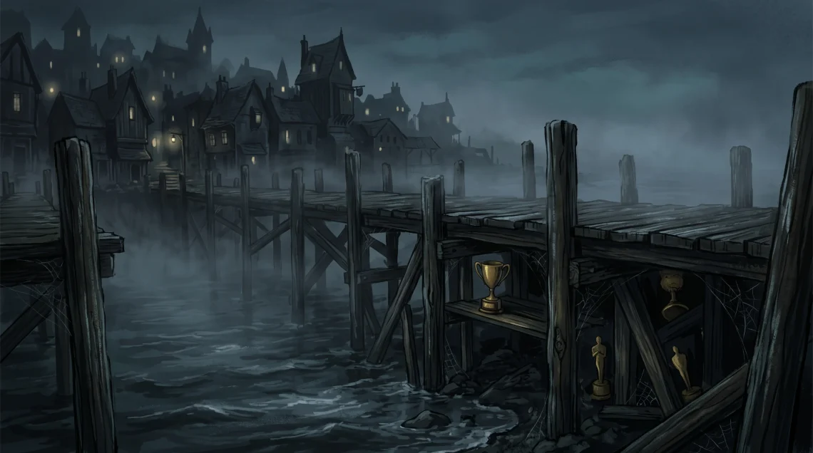 A conceptual illustration of a foggy coastal pier with award silhouettes.