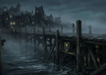 A conceptual illustration of a foggy coastal pier with award silhouettes.