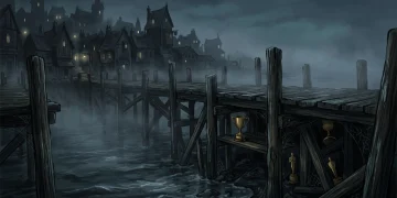 A conceptual illustration of a foggy coastal pier with award silhouettes.