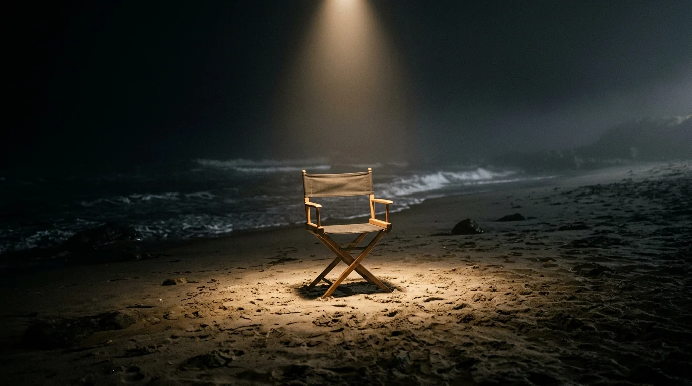 A cinematic spotlight hitting a director's chair on a dark beach.