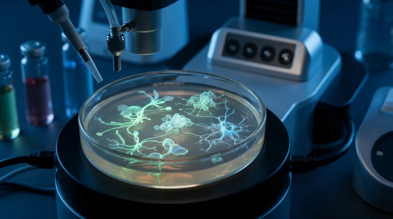 A close-up of futuristic biological experiments in a lab.