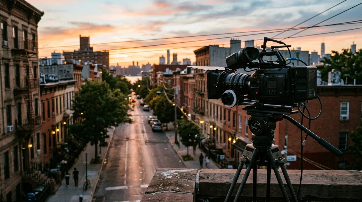 A film camera on a tripod in Williamsburg, Brooklyn.