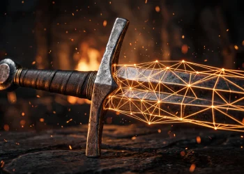 A close-up conceptual image of a medieval sword hilt over a digital wireframe mesh.