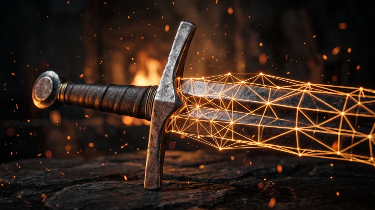 A close-up conceptual image of a medieval sword hilt over a digital wireframe mesh.