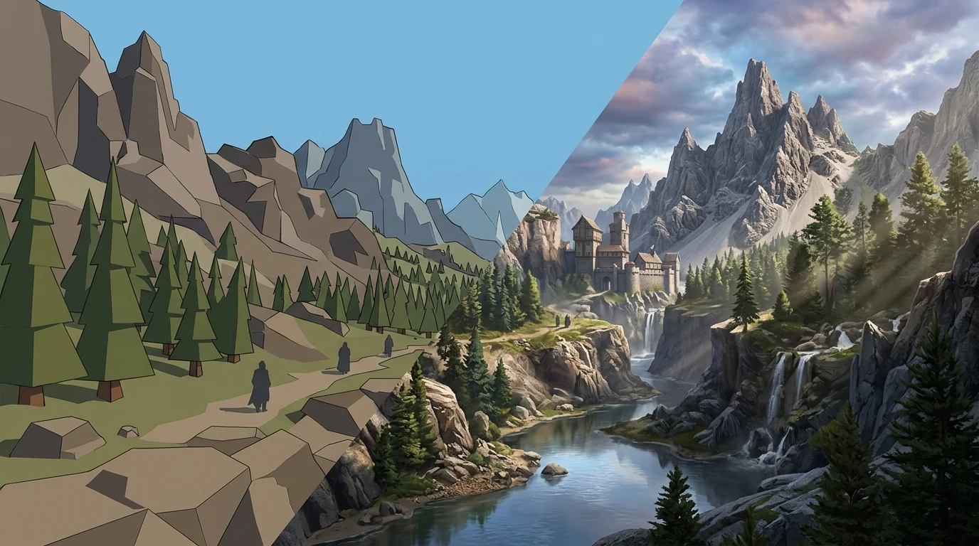 A split-view concept of a fantasy landscape showing the difference between classic and remastered graphics.