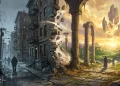 Conceptual art showing a city street merging into a fantasy world.