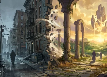 Conceptual art showing a city street merging into a fantasy world.
