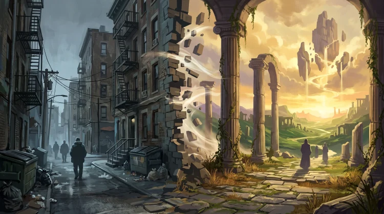 Conceptual art showing a city street merging into a fantasy world.