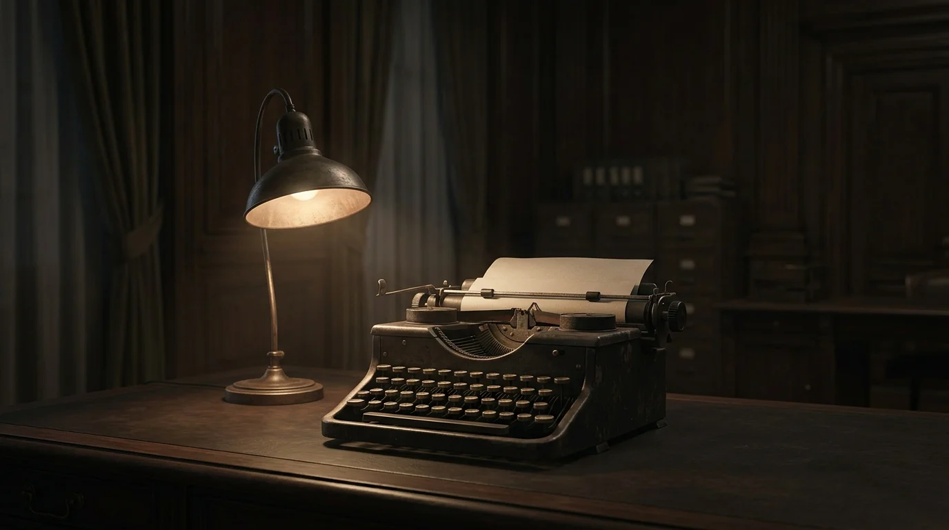 A vintage typewriter on a desk in a dark room under a single light.