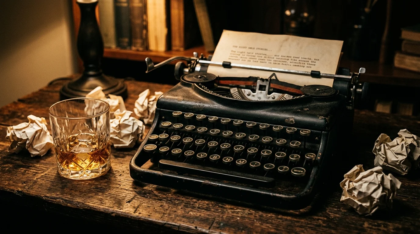 A typewriter and writing materials on a desk in a dimly lit room.