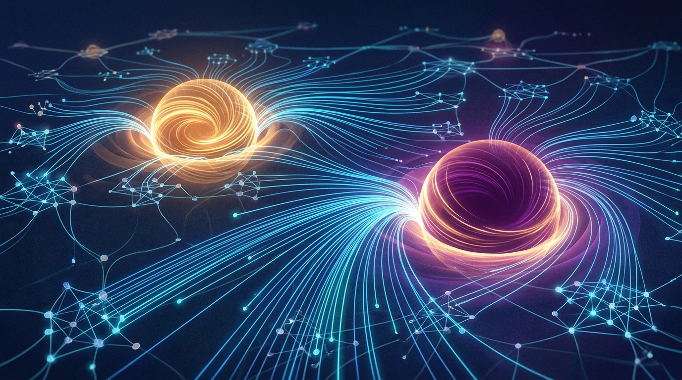 Abstract visualization of data threads connecting to central hubs.