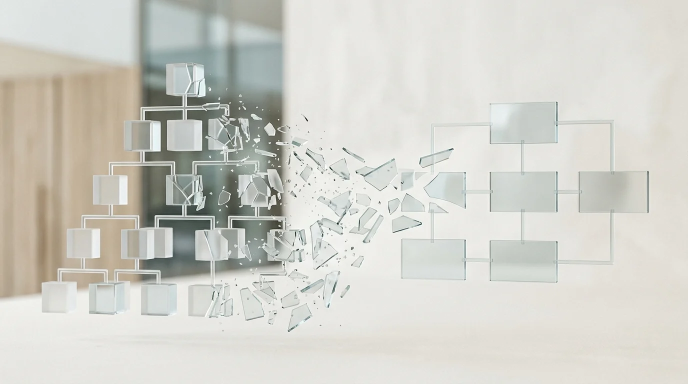 Minimalist corporate hierarchy chart reformating with glass textures.