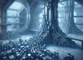 Abstract 3D monoliths merging into larger pillars.