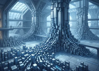 Abstract 3D monoliths merging into larger pillars.