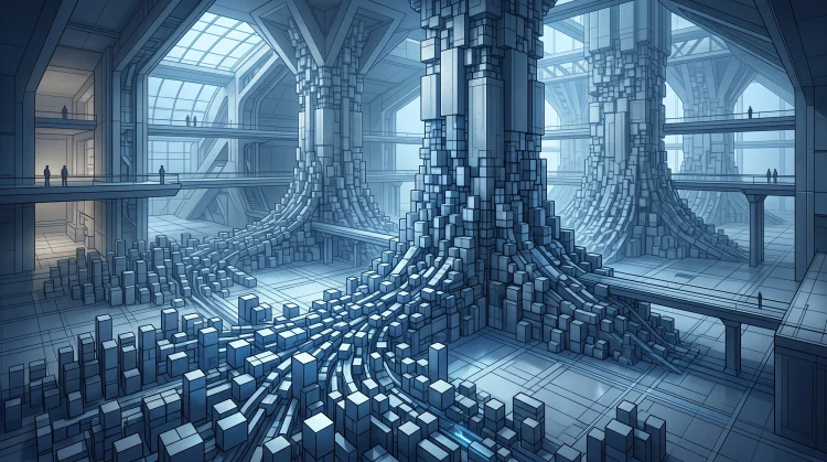 Abstract 3D monoliths merging into larger pillars.