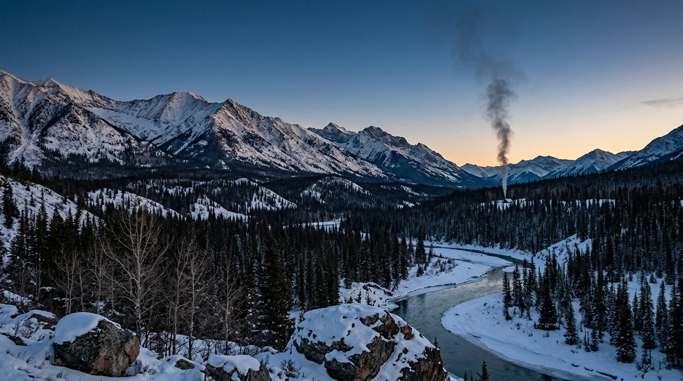 A snowy mountain landscape at dusk with smoke in the distance.
