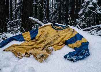 A yellow and blue varsity soccer jersey partially buried in forest snow.