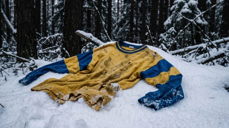 A yellow and blue varsity soccer jersey partially buried in forest snow.
