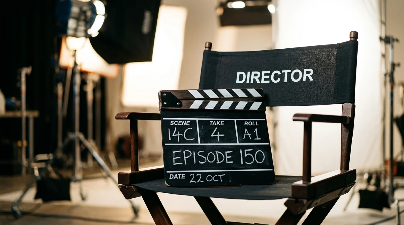 A film clapperboard marking the 150th episode of a television series.