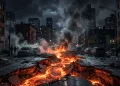 Conceptual image of lava flowing through a city street at night.