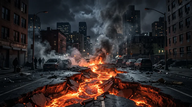 Conceptual image of lava flowing through a city street at night.