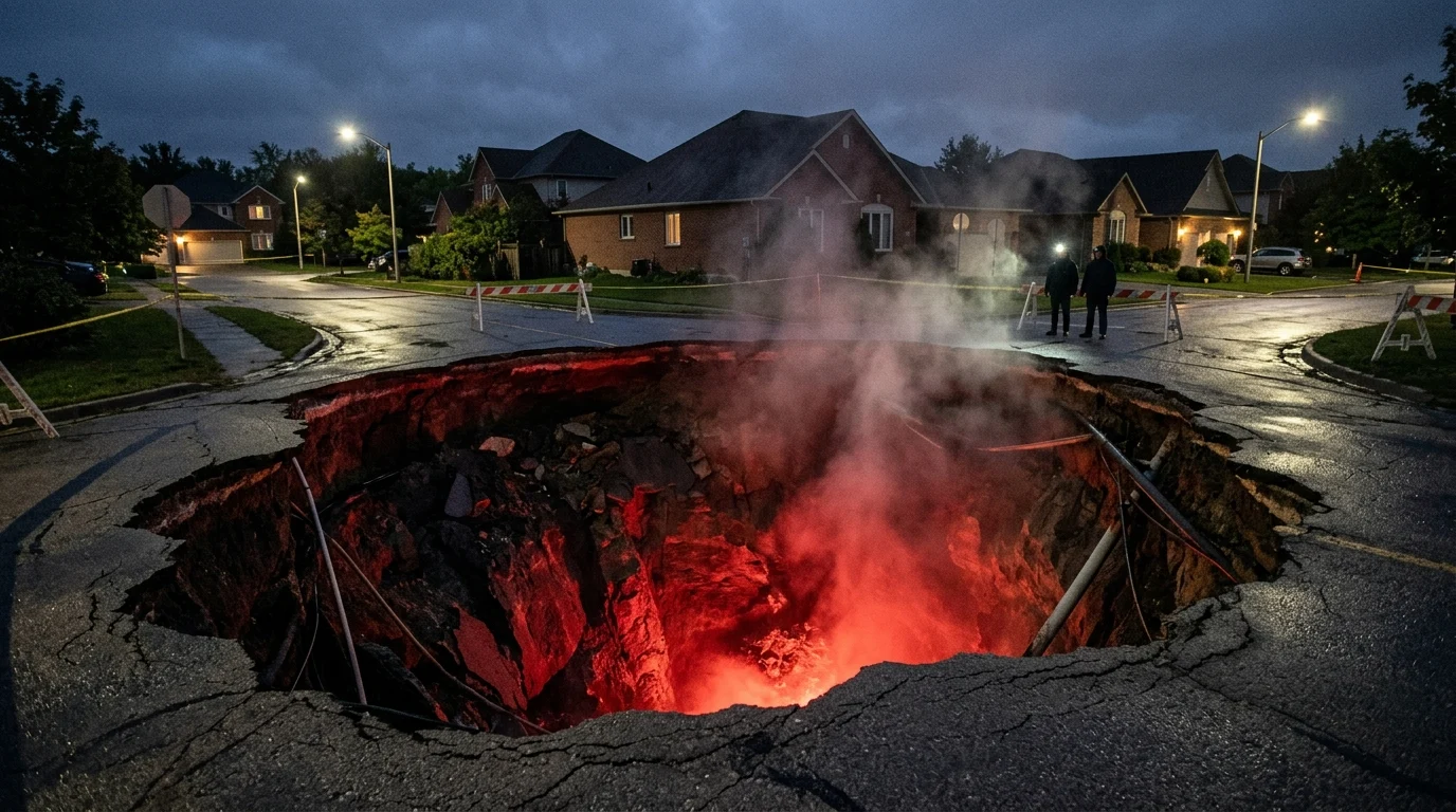 A large sinkhole with glowing red light inside.