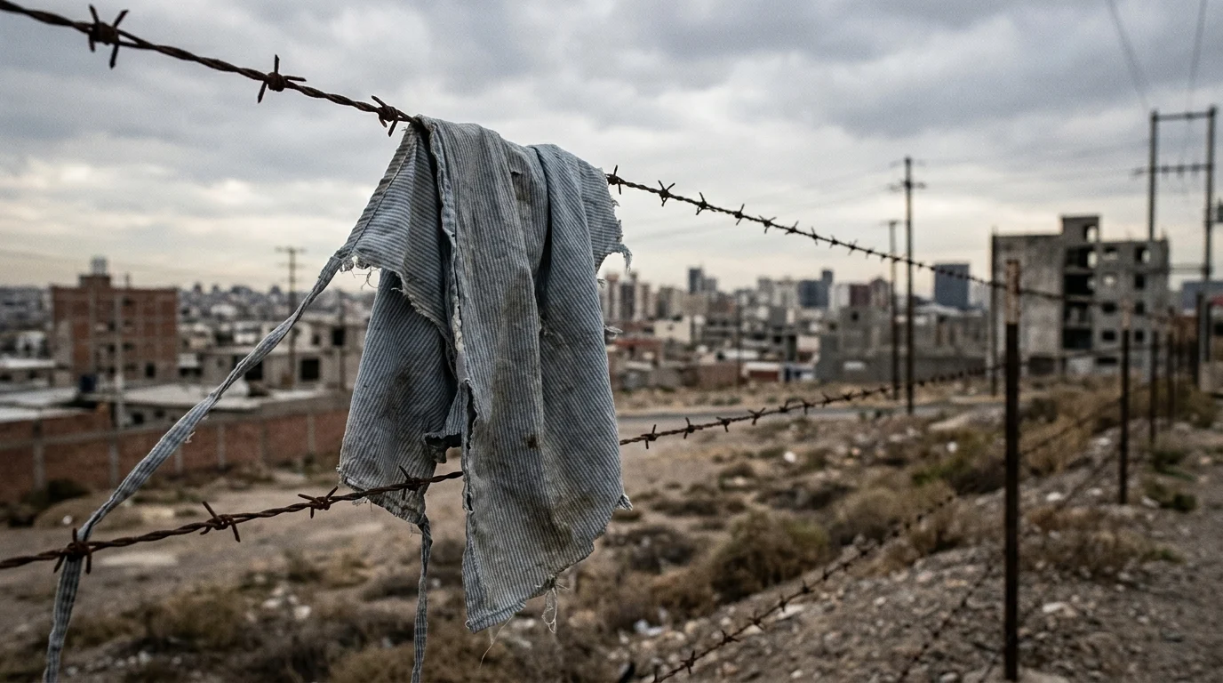 Close-up of a torn piece of fabric on a fence in a ruined city.