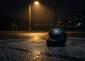 A motorcycle helmet sitting alone on a dark street at night.