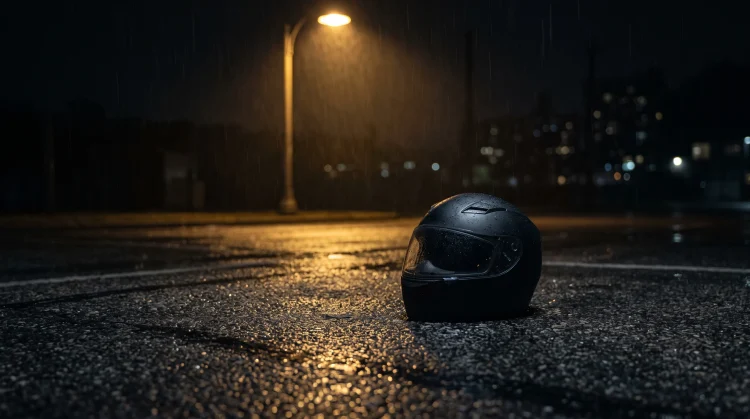 A motorcycle helmet sitting alone on a dark street at night.