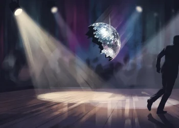 A conceptual artistic representation of a spotlight on an empty ballroom dance floor.