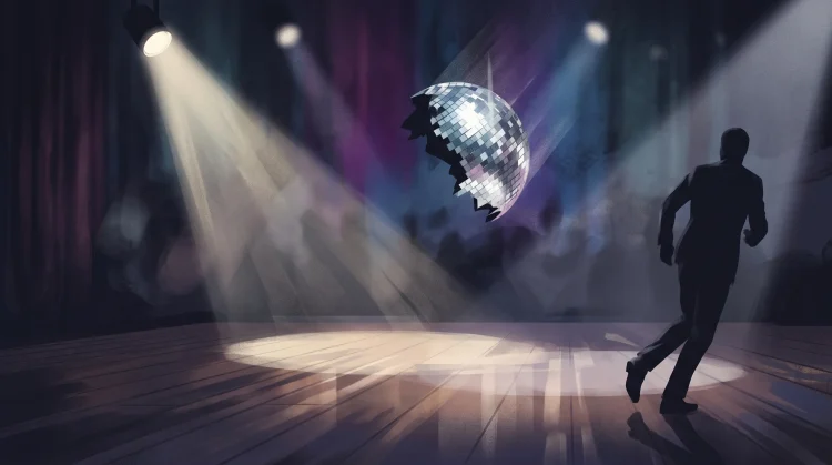 A conceptual artistic representation of a spotlight on an empty ballroom dance floor.