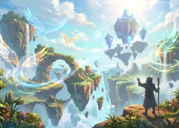 Conceptual fantasy landscape with floating islands representing the world of Atreia.