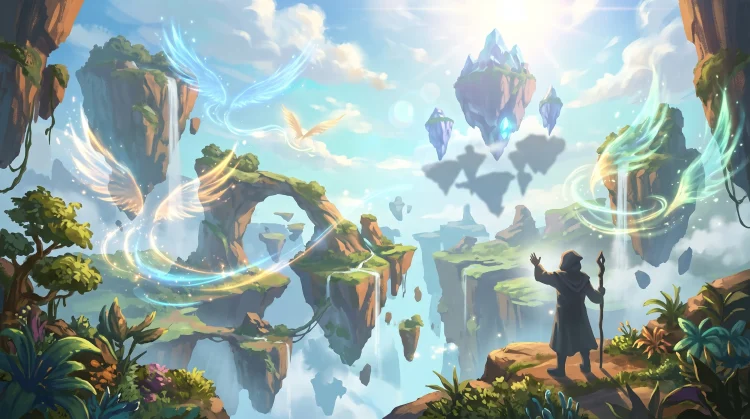 Conceptual fantasy landscape with floating islands representing the world of Atreia.