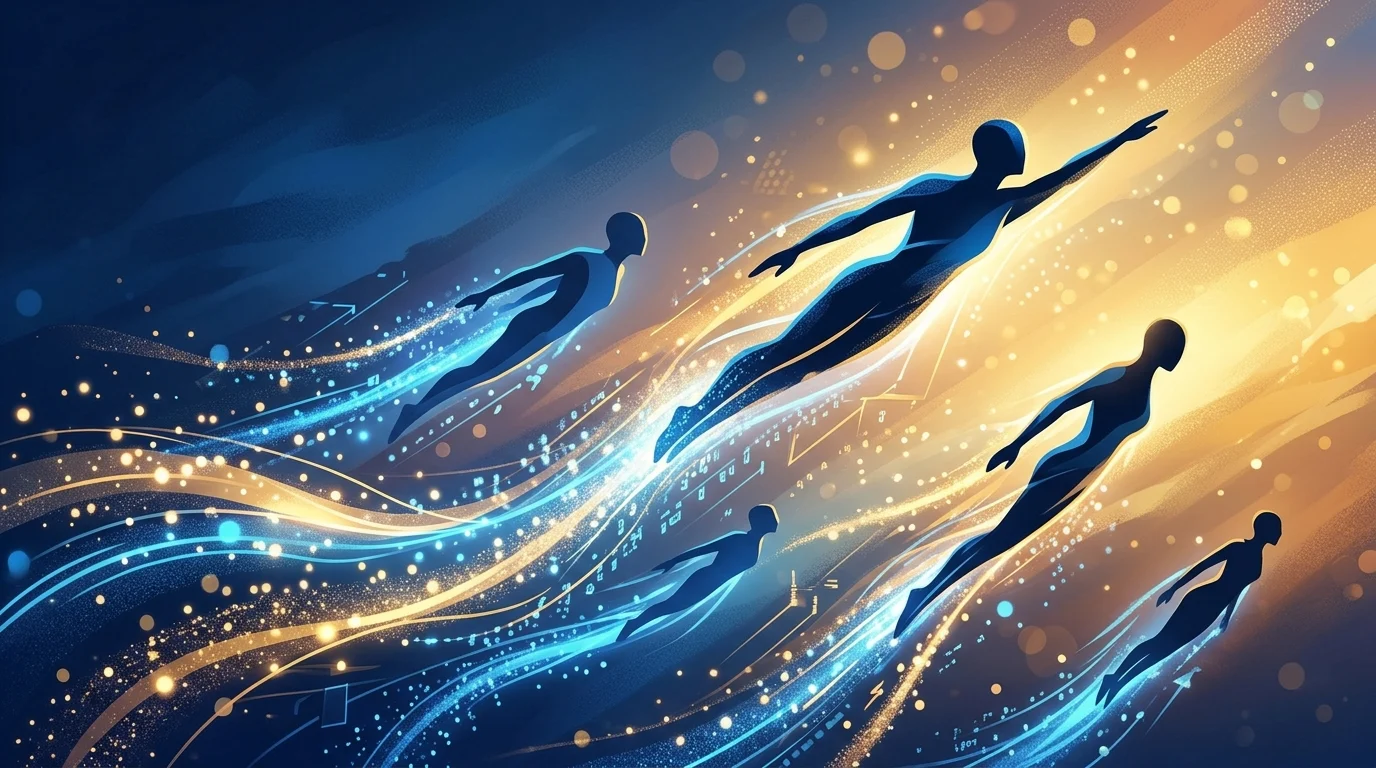 Abstract silhouettes of characters flying with light trails.