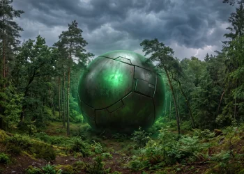 A conceptual rendering of a large alien sphere in a forest setting.